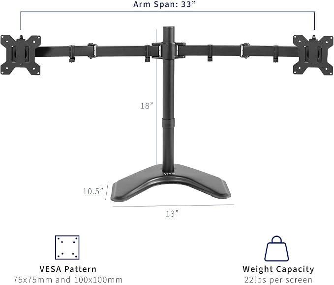 VIVO Dual LED LCD Monitor Mount, Free-Standing Desk Stand for 2 Screens up to 32 Inch, Heavy-Duty Fully Adjustable Arms with Max VESA 100x100mm, Black, STAND-V032F - Image 4