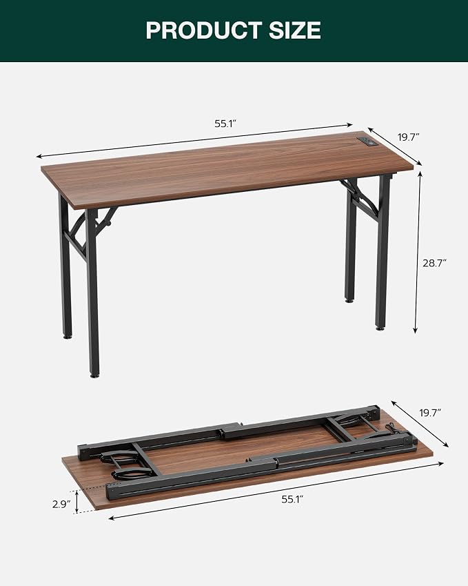 Frylr Small Folding Computer Desk – 55.1 Inch Portable Table for Craft and Study, Lightweight Desk for Small Spaces, Foldable Laptop Table Built-in AC/USB Outlets for Convenience, Dark Walnut - Image 2