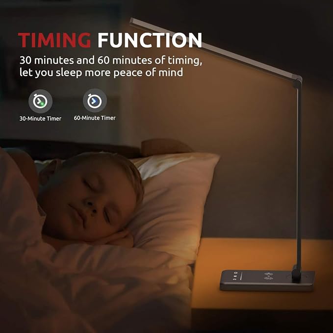 LED Desk Lamp with Wireless Charger, USB Charging Port, 10 Brightness, 5 Color Modes, Desk Lamps for Home Office, Dimmable Table Lamp Eye Caring Reading Light, Touch Control, Auto Timer, Black - Image 6
