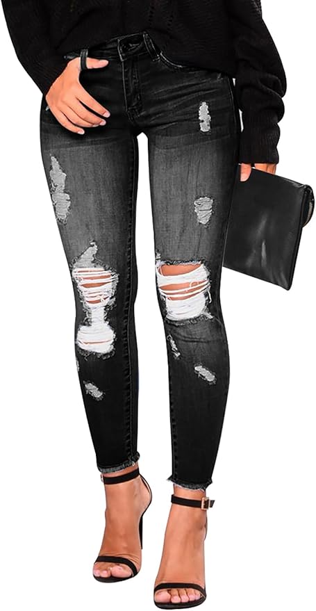 KUNMI Women's Skinny Ripped Trendy Jeans Distressed Stretchy Denim Pants by KUNMI