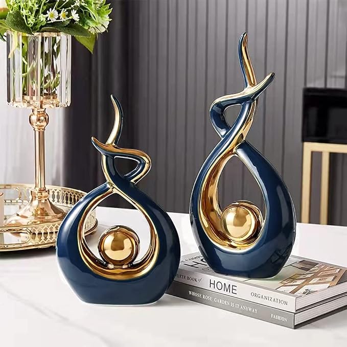 Norrclp Home Decor Modern Abstract Art Ceramic Statue Table Decorations for Dining Room Living Room Office Centerpiece (Blue and Gold, Large) - Image 2