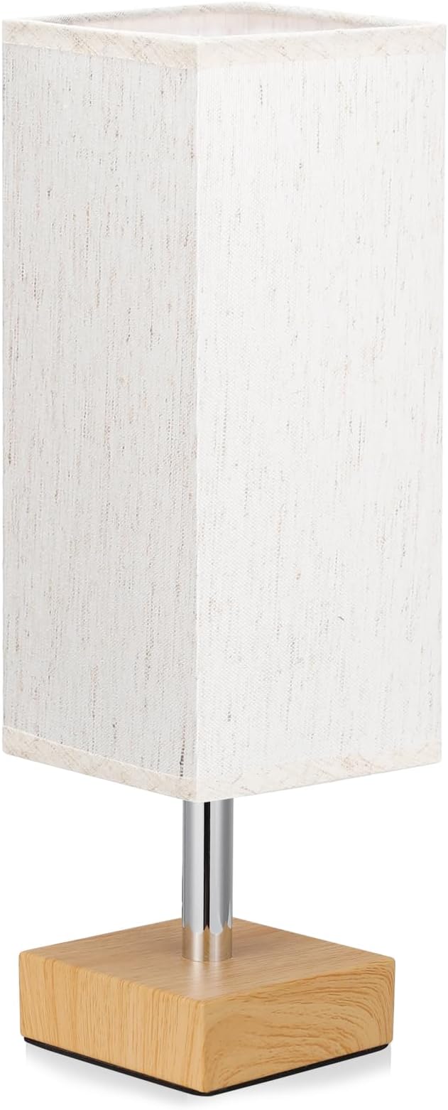 Wood-Grain Small Bedside Lamp for Bedroom - Square Cream Fabric Shade | Inline Rocker Switch, Corded Electric, Bulb Not Included, 12.8" Mini Table Lamp for Nightstand, Desk, Dorm, Office - Image 2