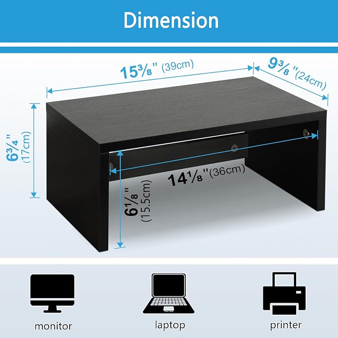 TEAMIX 6.7 inch Tall Monitor Stand Riser, Wood Shelf Riser, Desk Organizer | Laptop/Printer/Computer Stand, Extra Storage Underneath, Minimalist, Modern Design, Smooth Black Finish, for Home Office - Image 4