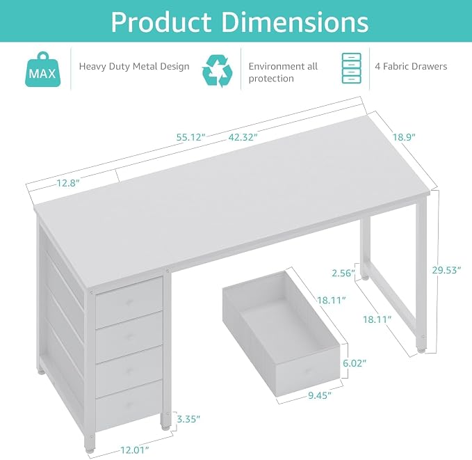 Lufeiya White Computer Desk with Drawers - 55 Inch Long Study Work Writing Desk for Home Office Bedroom, Reversible Simple Modern Cute PC Desks with Fabric Drawer, White - Image 3