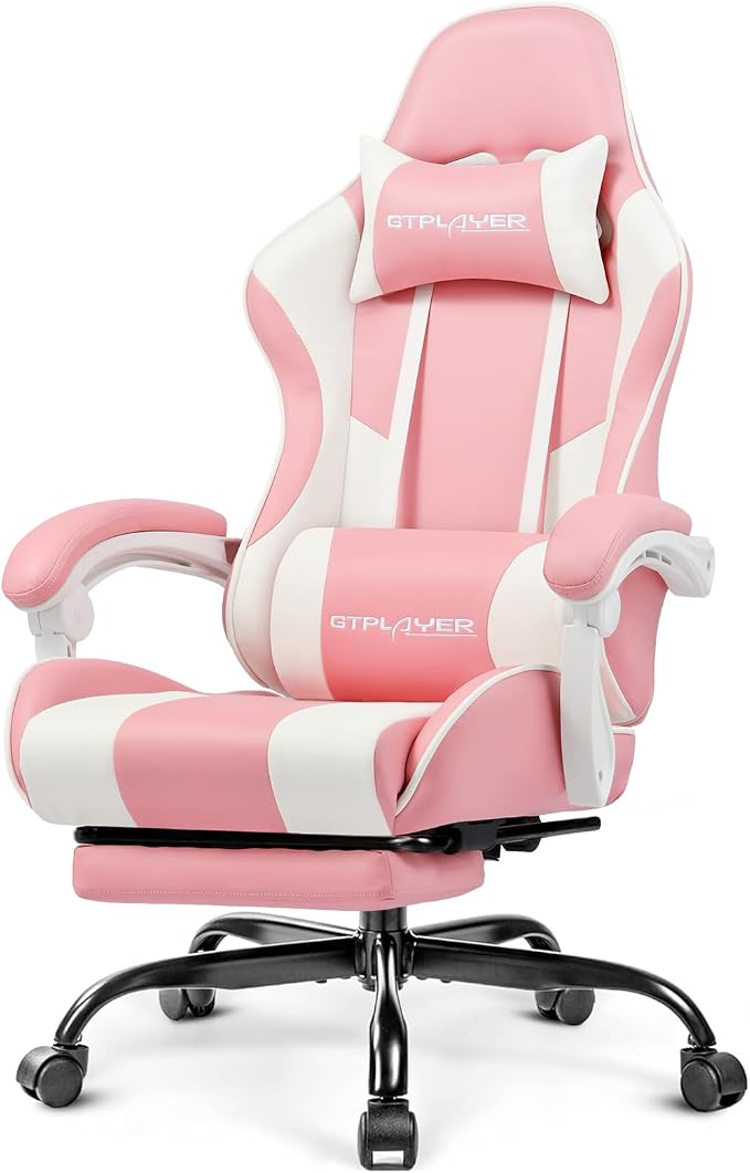 GTPLAYER Gaming Chair, Computer Chair with Footrest and Lumbar Support, Height Adjustable Game Chair with 360°-Swivel Seat and Headrest and for Office or Gaming (Faux Leather, Pink) by GTPLAYER