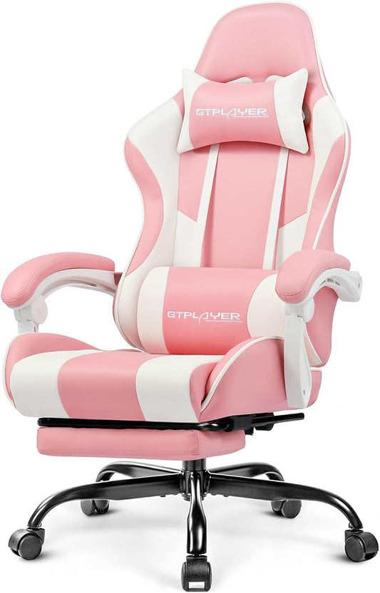 GTPLAYER Gaming Chair, Computer Chair with Footrest and Lumbar Support, Height Adjustable Game Chair with 360°-Swivel Seat and Headrest and for Office or Gaming (Faux Leather, Pink) by GTPLAYER