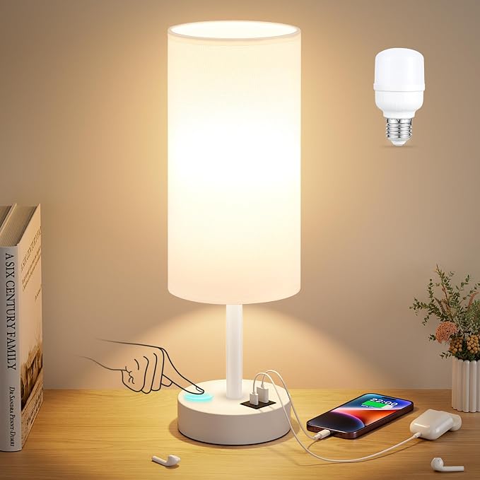 Dicoool Bedside Table Lamp for Bedroom - 3-Way Dimmable Touch Lamp, USB A+C | LED Bulb Included, 14" Small Nightstand Lamp for Desk, Living Room, Guest Room, White Fabric Lampshade, White Metal Base by DicooolDirect