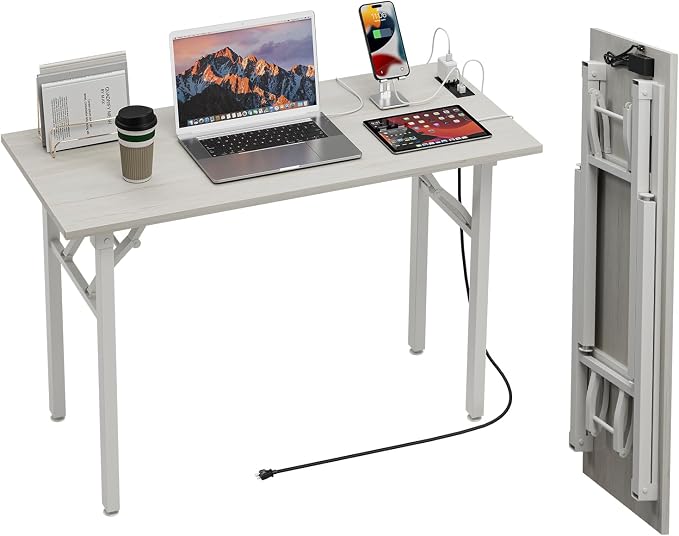 TEMI Small Computer Desk Folding Table - No Assembly, Compact 43.3" Foldable Desk with Power Outlets & USB Charging Port, Portable Small Office Desk, Ideal Mini Study Table for Narrow Spaces,White Ash by TEMI