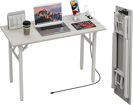 TEMI Small Computer Desk Folding Table - No Assembly, Compact 43.3" Foldable Desk with Power Outlets & USB Charging Port, Portable Small Office Desk, Ideal Mini Study Table for Narrow Spaces,White Ash by TEMI