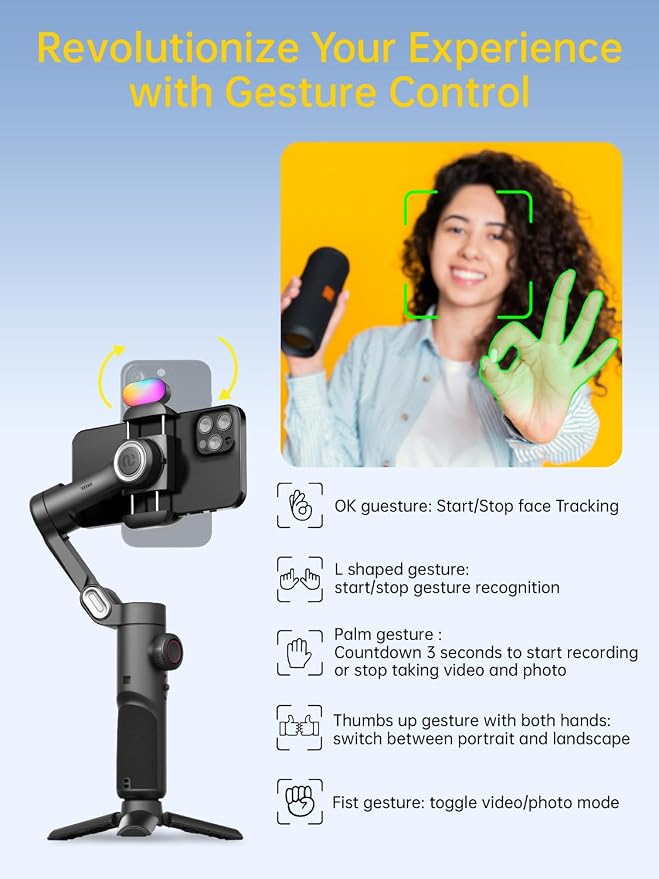 AOCHUAN 3-Axis Gimbal Stabilizer for iPhone Gimbal with RGB Magnetic Fill Light Upgraded Face Tracking Focus Wheel Foldable Smartphone for iPhone/Android Phone Stabilizer Vlog Recording Smart XE Kit - Image 5