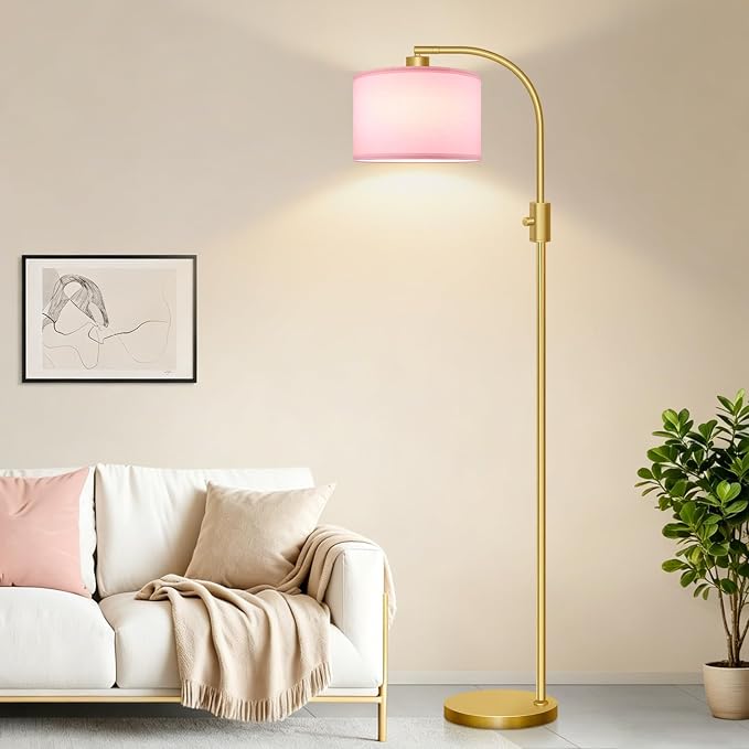 Nintiue Dimmable Floor Lamp, 1200 Lumens LED Edison Bulb Included, Arc Gold Floor Lamps for Living Room Modern Standing Lamp with Pink Linen Shade - Image 6