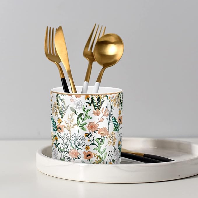 Large Capacity Colored Pen Holder for Desk, Ceramic Pencil Holder Pen Cup Marker Holder Makeup Brush Holders, Desk Accessories & Workspace Organizers for Home, Office, White Flower - Image 4