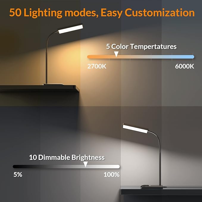 LEPOWER Desk Lamp, 800LM LED for Home Office, True Eye-Caring for Reading | 50 Lighting Modes, 2X Wider Panel, 360° Flexible Gooseneck, Touch Control, 12W Bright Table Lamp for Dorm, Bedroom, Study - Image 5