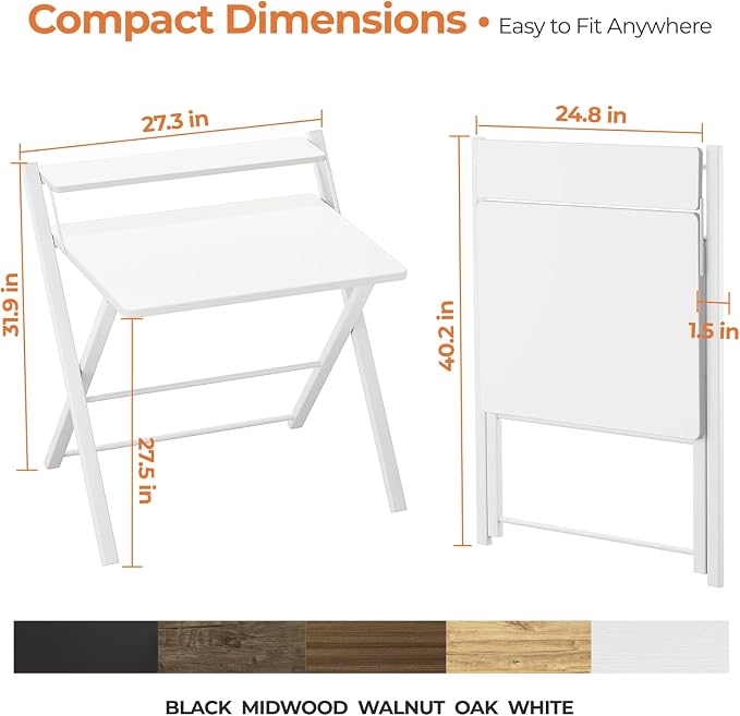 GreenForest Folding Desk No Assembly, Sturdy Computer Desk for Small Spaces | Portable Foldable Table for Laptop, 2-Tier Compact with Shelf, Space Saving for Home Office, Dorm, Apartment, 27"x 22" White - Image 3