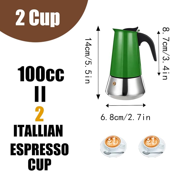 2 Cup Stovetop Espresso Maker Stainless Steel Moka Pot Stove Top Percolator Italian Coffee Makers Capable Mocha Greca Machine Cafe Classic Induction Cookers for Home and Camping 100ml 3.3oz - Image 3