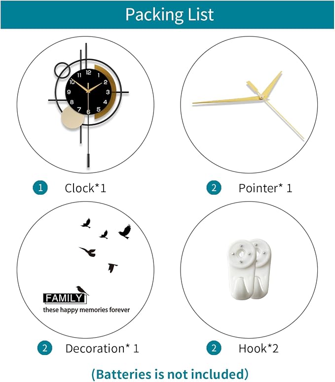 Wall Clock for Living Room Decor Decorative Wall Clock with Pendulum Silent Quartz Battery Operated Black Metal Large Clock for Dining Room,Kitchen,Home,Bathroom,Bedroom,13.8x21.3 in - Image 7