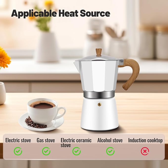 6 Cup Aluminum Moka Pot Classic Stovetop Espresso Coffee Maker 300ml 10oz Coffeemaker Percolator Mocha Express Preferred Cafe Makers for Italian and Cuban Café Brewing White - Image 4