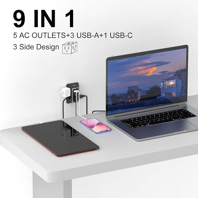 3-Sided Surge Protector Power Strip - QINLIANF Multi Plug Outlet with 5 Outlet Extender and 4 USB Ports(1 USB-C) and Night Light, USB Wall Charger for Home, Office, Travel, ETL Listed, Black - Image 3