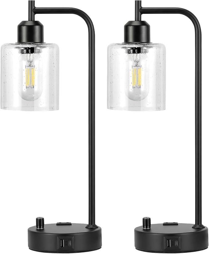 Industrial Bedside Lamps Set of 2, Fully Dimmable Desk Lamps for Bedroom | Glass Shade, USB C+A Charging Port & Outlet, Black Nightstand Table Lamps for Living Room, Office, Reading, Vintage - Image 8