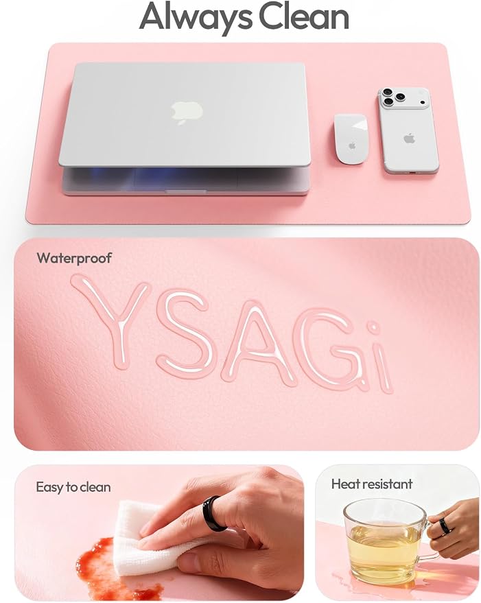 YSAGi Leather Desk Protector, Office Mat, Large Mouse Mat, Non-Slip PU Leather Blotter, Laptop Desk Pad, Waterproof Writing Pad for Office and Home (Light Pink, 31.5" x 15.8") - Image 7