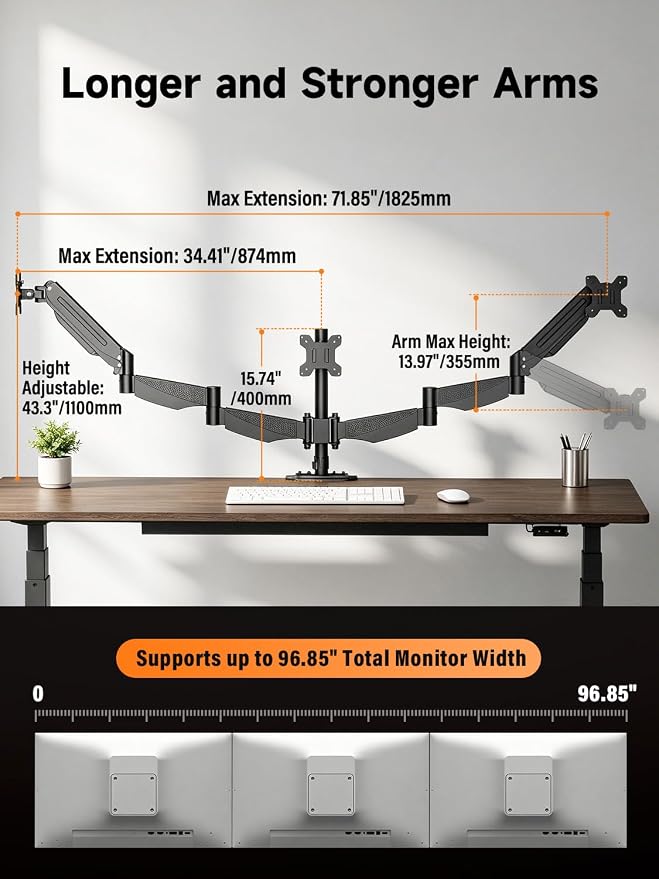 Bracwiser Triple Monitor Mount for 17 to 34 inch Screens, Holds up to 26.45lb, Adjustable Triple Monitors Stand for Desk with Tilt, Swivel, Rotation, Clamp & Grommet Kit, VESA 75/100mm, Black, MDX003P - Image 3