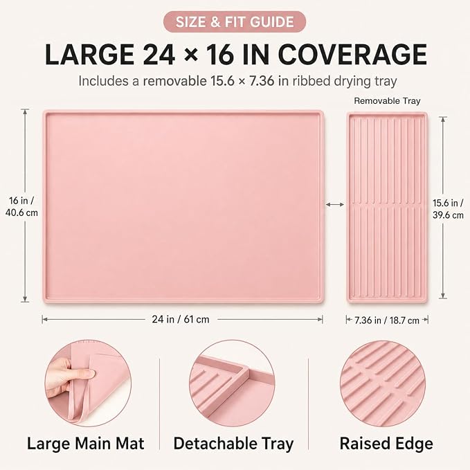 Silicone Coffee Mat 24 x 16 in with Tray, Soft Light Pink | Coffee bar mat for countertop use, coffee station mat or coffee machine mat with removable tray and 0.47 in raised rim. - Image 3