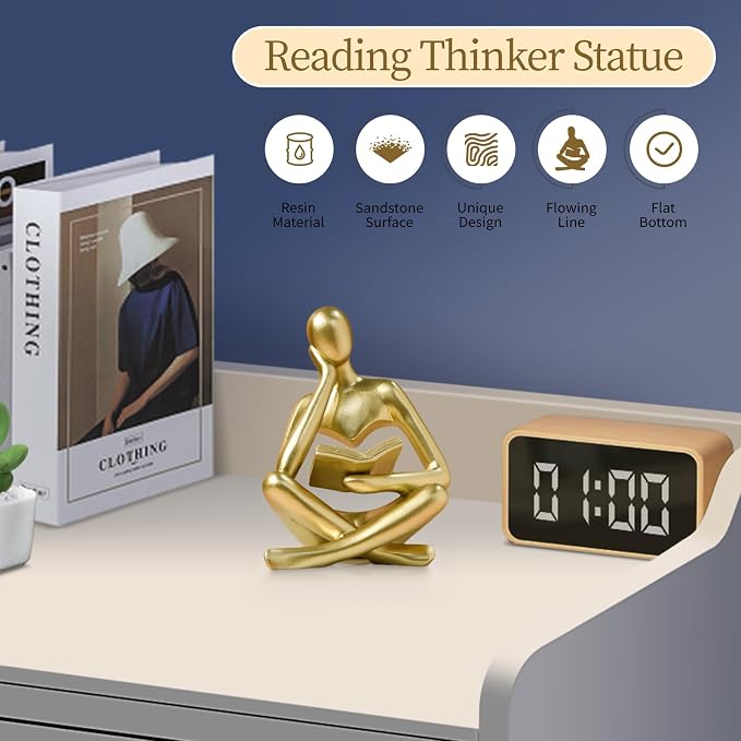 UTTCMK Abstract Art Thinker Statue - Reading Thinker Sculpture Figurine, Modern Home Decoration for Living Room Office Shelves Coffee Table Desk Decor (Gold) - Image 3