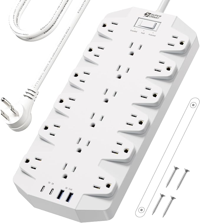 Power Strip Surge Protector, SUPERDANNY 18 Outlets with 2 USB C + 2 USB A Ports, 1875W/15A, 2100J, 6.5FT Flat Plug Heavy Duty Extension Cord with Multiple Outlets for Home, Office, Dorm, White by SUPERDANNY