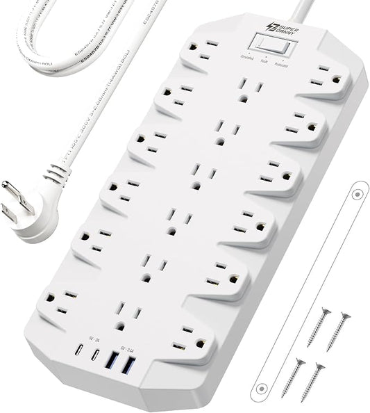Power Strip Surge Protector, SUPERDANNY 18 Outlets with 2 USB C + 2 USB A Ports, 1875W/15A, 2100J, 6.5FT Flat Plug Heavy Duty Extension Cord with Multiple Outlets for Home, Office, Dorm, White by SUPERDANNY