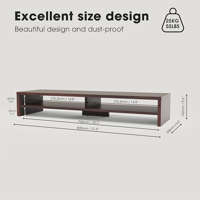 Fenge 31.5 Inch Dual Monitor Stand Riser for Desk, Brown | Wooden Desk Shelf, 2-Tier Open Storage Compartment, for PC Laptop Screen Printer, Home Office Desktop Organizer - Image 4