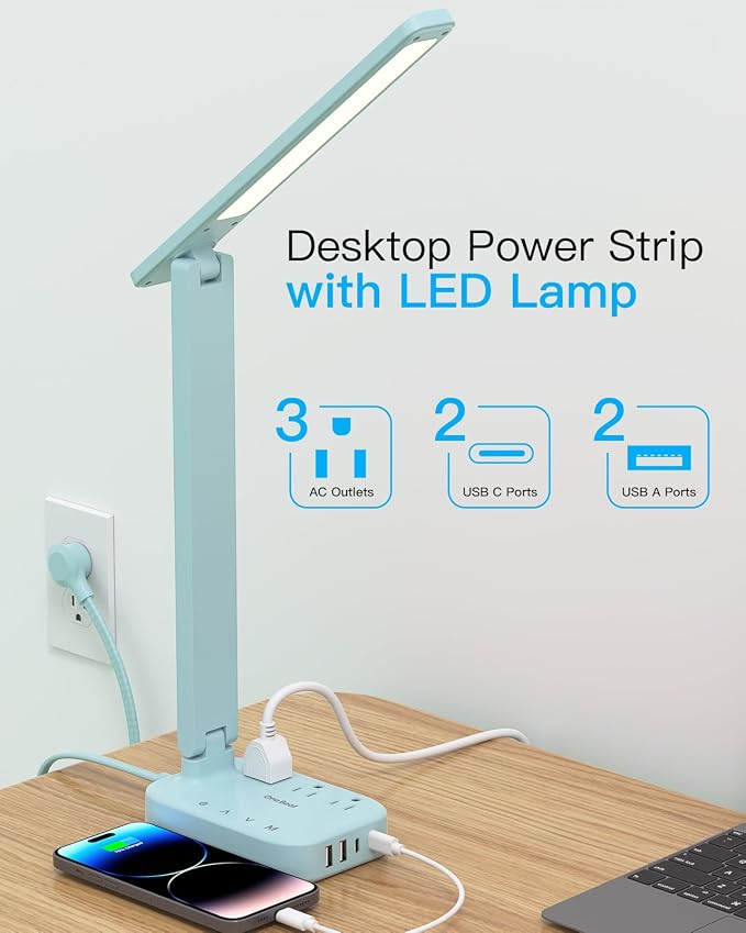 LED Desk Lamp, Power Strip with 4 USB 3 Outlets, Dorm Room Essentials, Blue | One Beat 4 Modes 5 Level Brightness Touch Lamp, Small Desk Lamp for Home Office College Dorm Essentials, Study Reading Light - Image 2