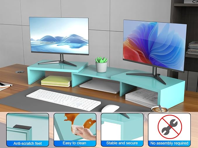 Dual Monitor Stand for Desk, Metal Computer Stand, Desk Shelf Riser,Desktop Organizer for Home and Office Use (Blue) - Image 6
