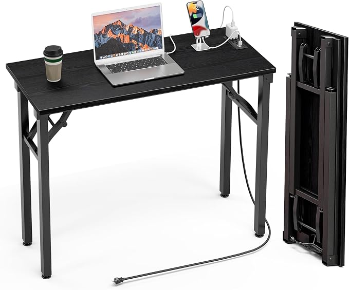TEMI Small Computer Desk Folding Table - No Assembly, Compact 35.8" Foldable Desk with Power Outlets & USB Charging Port, Portable Small Office Desk, Ideal Mini Study Table, Dark Oak by TEMI