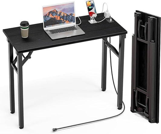 TEMI Small Computer Desk Folding Table - No Assembly, Compact 35.8" Foldable Desk with Power Outlets & USB Charging Port, Portable Small Office Desk, Ideal Mini Study Table, Dark Oak by TEMI