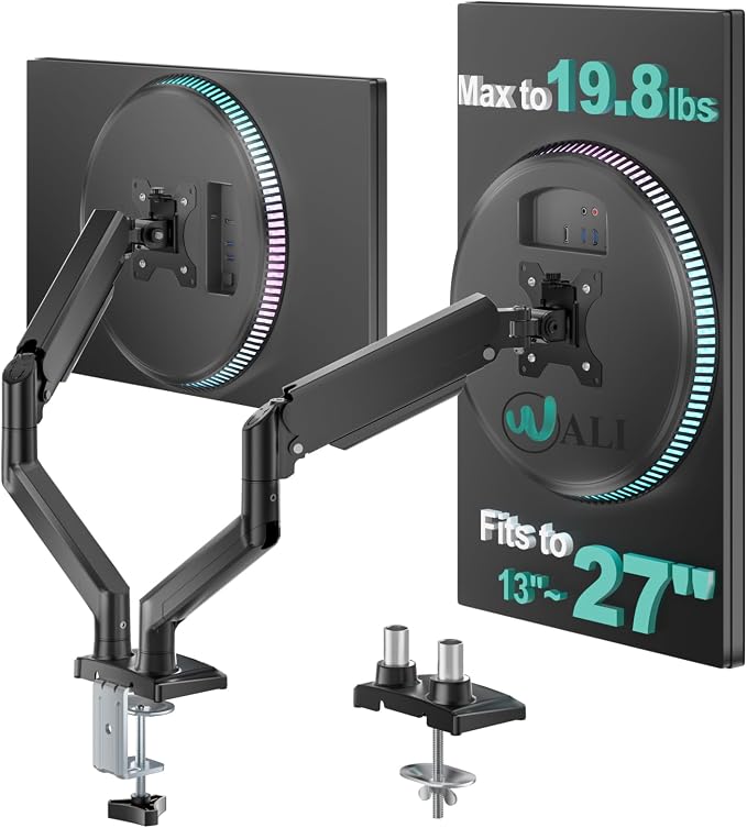 WALI Dual Monitor Mount for 13-27 inch Screens, Dual Monitor Arms for 2 Monitors Holds 19.8 lbs, Adjustable Dual Monitor Stand for Desk, VESA Mount 75x75/100x100mm (GSMP002), Black by WALI