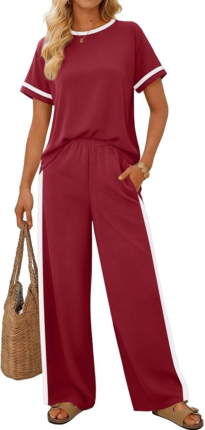 Sampeel 2 Piece Sets for Women Matching Sets Summer Outfits Resort Wear Short Sleeve Lounge Set Wide Leg Pants with Pockets - Image 2