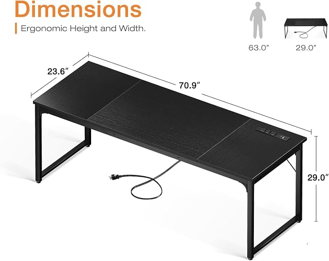 Coleshome 71 Inch Computer Desk with USB Ports, Large Office Desk, Long Study Student Writing Desk, Black | Extra-long workspace • Fits dual monitors • Stable steel frame • Spacious legroom • Home office & gaming - Image 3