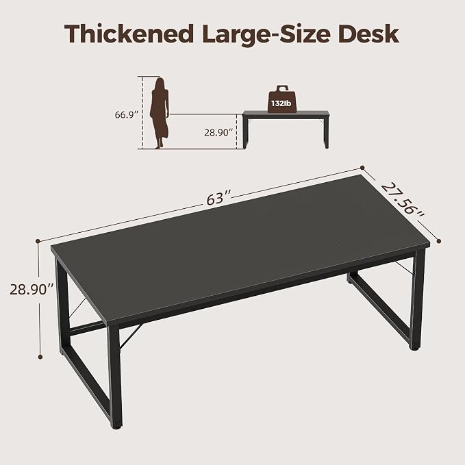 Mericonia 63x28 Inch Computer Desk, 1" Thick Large Office Table, Black | Modern Simple Style, Heavy Duty Industrial Frame, Large Study & Writing Table for Home Bedroom Work - Image 2