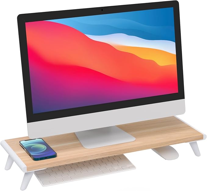 loukin Monitor Stand Riser for Desk, 22.4" x 8.3" Larger Computer Stand for Laptop, PC, Printer, Sturdy Desktop Computer Shelf with Non-Skid Rubber, Home Office, Natural Wood by LOUKIN