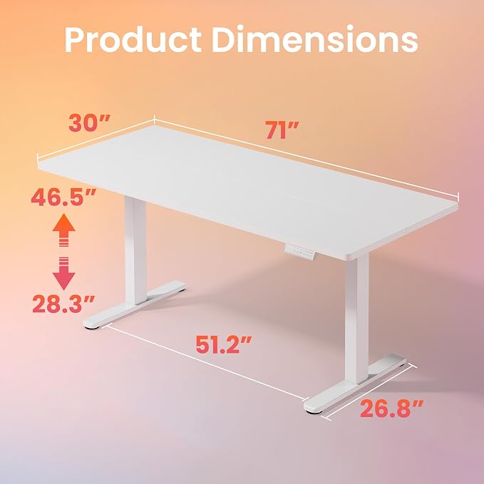 HUANUO 71 x 30 inch Electric Standing Desk Adjustable Height, 4 Memory Height Settings, Sit Stand Up Desk for Home Office & Computer Workstation, White - Image 3