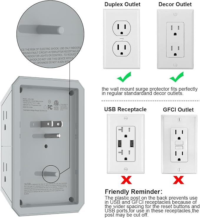 USB Wall Charger, Surge Protector, QINLIANF 5 Outlet Extender with 4 USB Charging Ports(3U1C) 3-Sided 1680J Power Strip Multi Plug Outlets Wall Adapter Spaced for Home Travel Office, Grey - Image 4