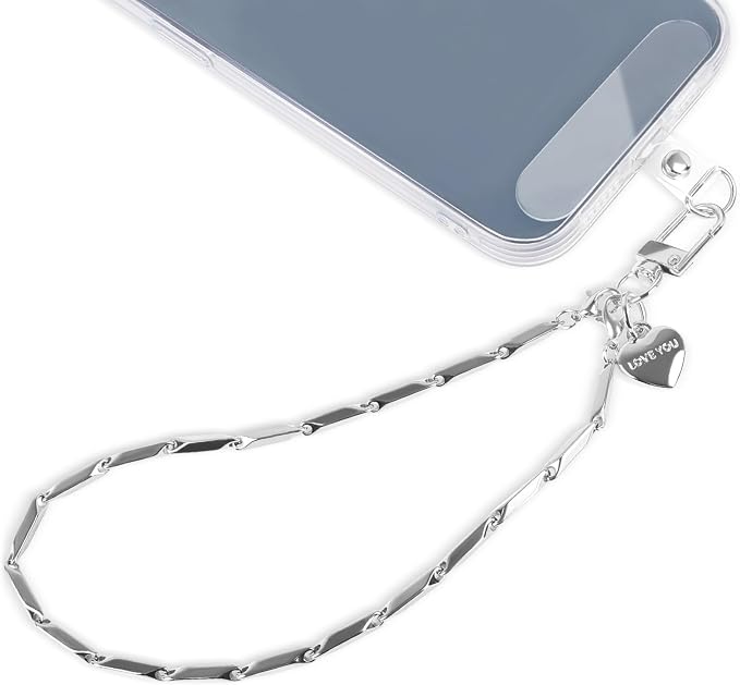 AULEEP Phone Chain Wristlet,Metal Hand Wrist Strap Lanyard,Phone Charm with Clear Tether Tab,Anti Theft Cellphone Strap Silver Bracelet Strap for Traveling Hiking Shopping by AULEEP