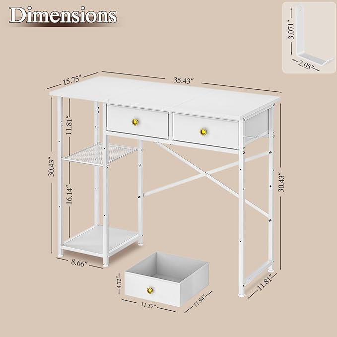 DAOUTIME White Computer Desk, 36 Inch Small Desk with Drawers, Home Office Desk with Storage Shelves for Bedroom, Living Room, Dorm, Vanity Desk for Small Spaces, White - Image 2