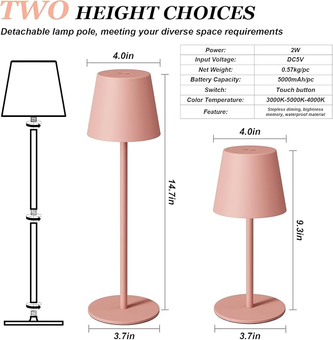 Kakanuo Cordless Table Lamp Rechargeable Pink - KK 2 Pack 5000mAH Battery Operated Lamp for Counter, 3 Color Stepless Dimming Wireless Lamp for Dining Kitchen, Outdoor Patio, Touch Control - Image 5