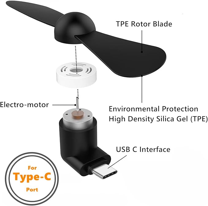 Type USB C Cell Phone Fan for iPhone Series 15, 15 Plus,15 Pro, 15 Pro Max, 16,16 Plus, 16 Pro, 16 Pro Max, for Samsung Galaxy S Series, A1/A2/A3/A5 Series, M1/M3/M5, Note Serie (Black x6) - Image 4