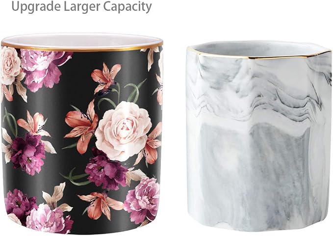 Pen Holder for Desk, Pencil Cup Holder, Cute Floral Makeup Brush Holder Durable Ceramic Flower Design Desk Pencil Organizer for Office, Classroom, Black - Image 4
