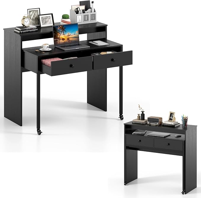 Giantex Small Computer Desk with Hutch & Drawers, Extendable Writing Desk w/Pull Out Secondary Table, Monitor Stand & Rolling Wheels, Console Table, Compact Desk for Small Spaces, Home Office (Black) by Giantex