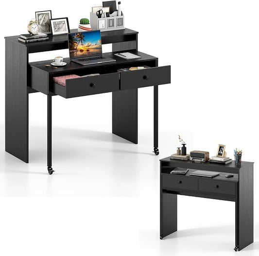 Giantex Small Computer Desk with Hutch & Drawers, Extendable Writing Desk w/Pull Out Secondary Table, Monitor Stand & Rolling Wheels, Console Table, Compact Desk for Small Spaces, Home Office (Black) by Giantex