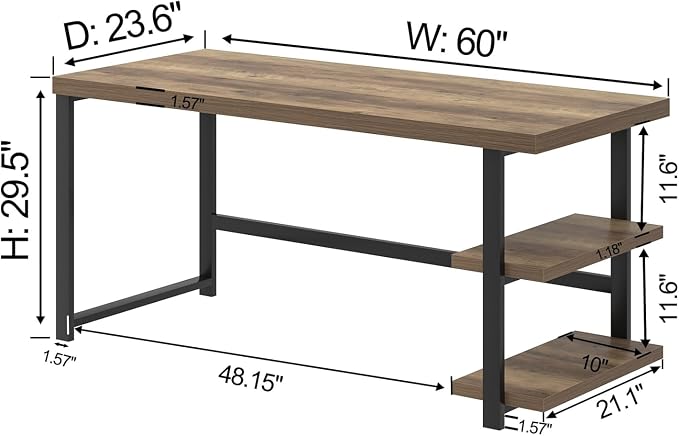 FOLUBAN 60 Inch Home Office Desk, Large Computer Desk with Storage Shelves, Modern Wood and Metal Writing Study Gaming Table Workstation for Living Room, Rustic Oak - Image 2