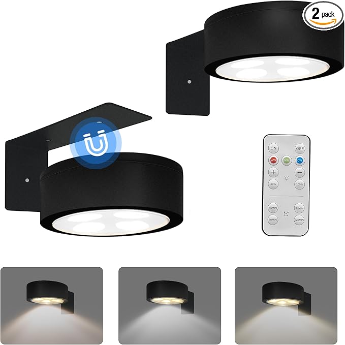 2-Pack Picture Light for Paintings Battery Operated Art Light with Remotes,3 Lighting Display Light,Magnetic Dimmable and Timer Wall Light for Picture Artworking Frame Portrait,LED Puck Lights-Black by Xuolder
